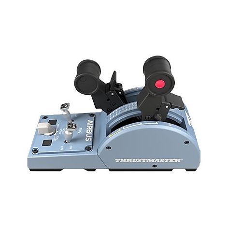 Thrustmaster Airbus-Schubhebel-Steuereinheit auf grauem Hintergrund.