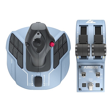Thrustmaster Airbus Edition Flugsteuerungsset mit Joystick und Schubreglereinheit auf weißem Hintergrund.