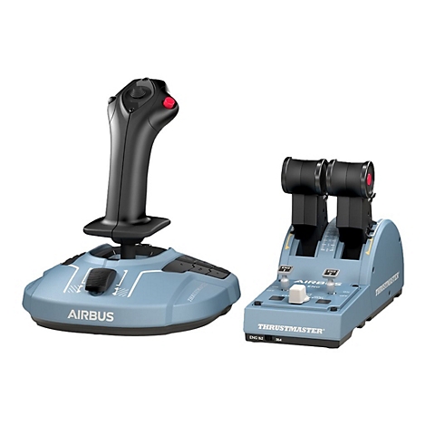 Thrustmaster Airbus Edition Joystick und Schubregler Set in Blau und Schwarz auf weißem Hintergrund.