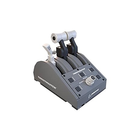 Thrustmaster Flugsteuerung mit Schubhebeln, Knöpfen und Drehreglern vor weißem Hintergrund.