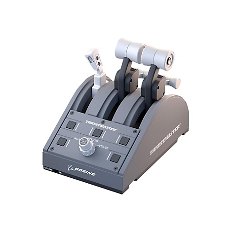 Grauer Thrustmaster Boeing Schubhebel-Controller für Flugsimulatoren vor weißem Hintergrund.