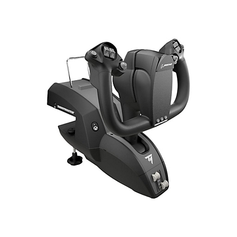 Schwarzes Flugsteuerhorn von Thrustmaster im Boeing-Design vor weißem Hintergrund.