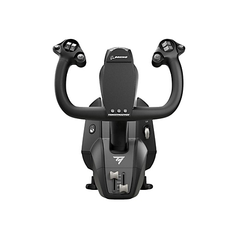 Schwarzes Boeing-Flugsteuerhorn von Thrustmaster mit Knöpfen und Hebeln vor weißem Hintergrund.