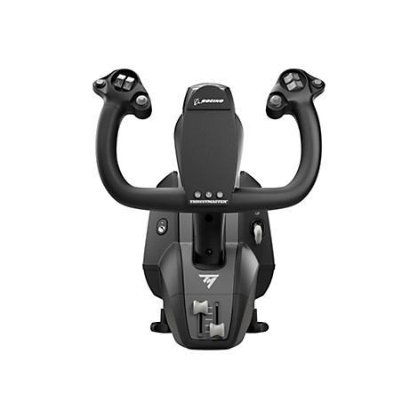 Schwarzes Thrustmaster Boeing-Steuerhorn für Flugsimulationen vor weißem Hintergrund.