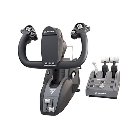 Thrustmaster Boeing Flugsimulator-Steuerhorn und Schubhebel-Einheit auf weißem Hintergrund.