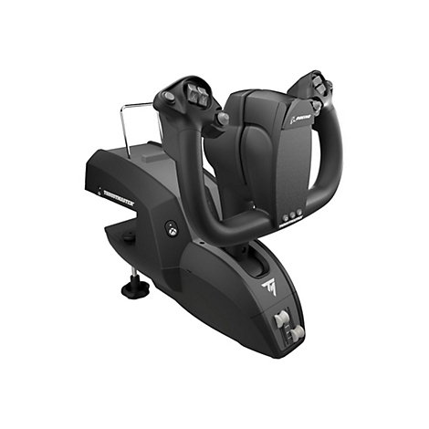 Schwarzes Thrustmaster Flugsteuerhorn im Boeing-Design mit Knöpfen und Hebeln auf einem weißen Hintergrund.