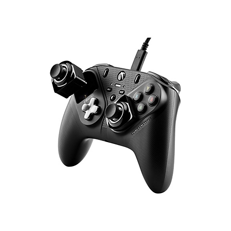 Schwarzer Thrustmaster eSwap Gaming-Controller mit austauschbarem Joystick-Modul vor weißem Hintergrund.