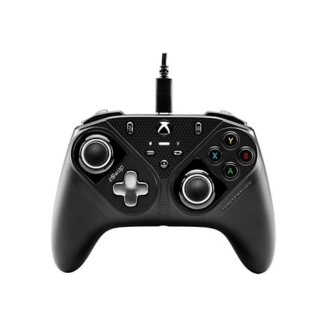 Schwarzer Thrustmaster eSwap Gaming-Controller mit Kabel vor weißem Hintergrund.