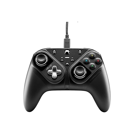 Schwarzer Thrustmaster eSwap Gaming-Controller mit Kabel vor weißem Hintergrund.