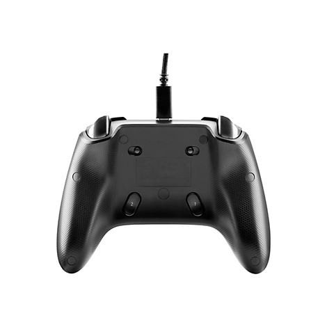Rückseite eines schwarzen Gaming-Controllers mit zwei rückseitigen Tasten und angeschlossenem Kabel.