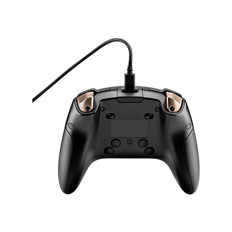 Schwarzer Gamecontroller mit goldenen Akzenten und angeschlossenem Kabel, RÃ¼ckansicht. Deutlich erkennbar sind die Buttons und Griffe.