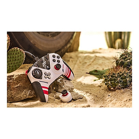Weißer Gamecontroller mit roten Akzenten liegt auf Sand. Im Hintergrund Kaktus, Reifen und eine Eidechse.