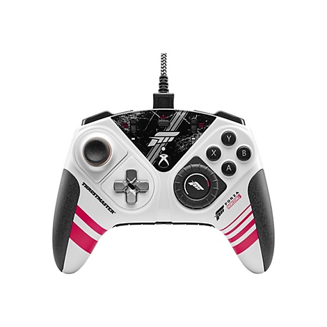 Weißer Thrustmaster-Controller, schwarz-rot markiert, mit Kabel und Forza Horizon 5-Logo.