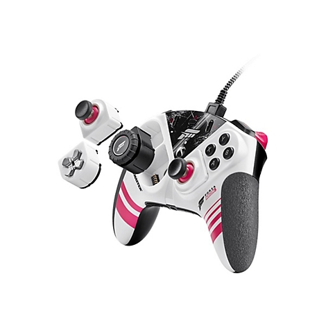 Weißer Forza Horizon 5 Gaming-Controller mit austauschbaren Modulen, pinken Akzenten und schwarzem Kabel vor weißem Hintergrund.