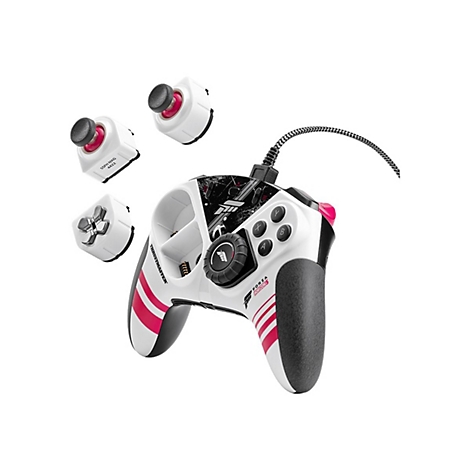 Weißer Gaming-Controller mit Forza Horizon 5 Logo, schwarzen Griffen und austauschbaren Modulen auf hellem Hintergrund.