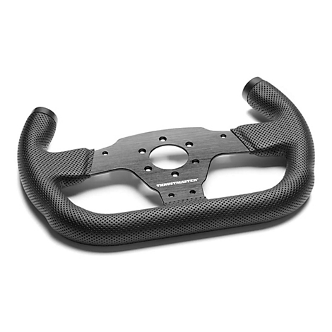 Schwarzes Thrustmaster Rennlenkrad-Aufsatz mit perforiertem Leder und gebürsteter Metallplatte vor weißem Hintergrund.