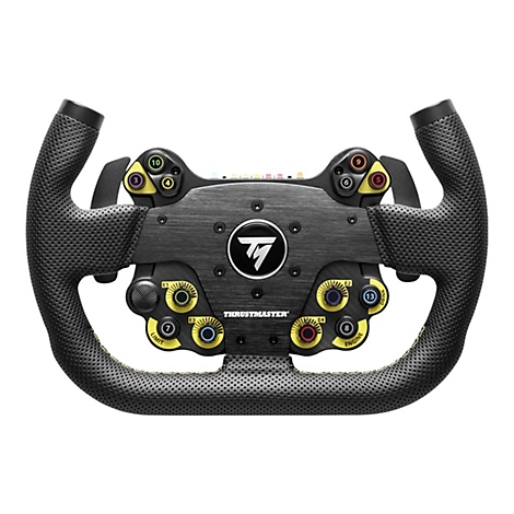 Schwarzes Thrustmaster-Rennlenkrad mit Tasten, Drehreglern und gelben Akzenten vor weißem Hintergrund.