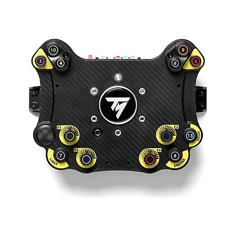 Schwarzes Thrustmaster Formel-Rennlenkrad in Carbon-Optik mit zahlreichen Tasten, Drehreglern und zentralem Logo.