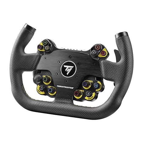 Schwarzes Thrustmaster Formel-Rennlenkrad mit Tasten und Drehreglern vor weißem Hintergrund.