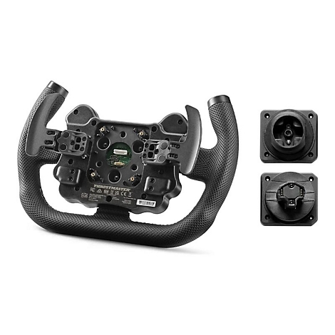 Rückseite eines schwarzen Thrustmaster-Rennlenkrads mit zwei separaten Montageadaptern auf der rechten Seite.