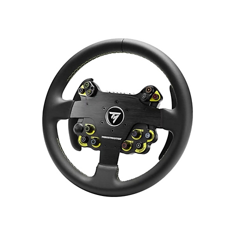 Schwarzes Thrustmaster-Rennlenkrad mit Tasten und Drehreglern vor weißem Hintergrund.