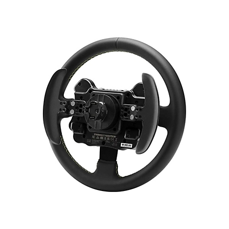 Rückansicht eines schwarzen Thrustmaster Rennlenkrads mit gelben Ziernähten vor weißem Hintergrund.