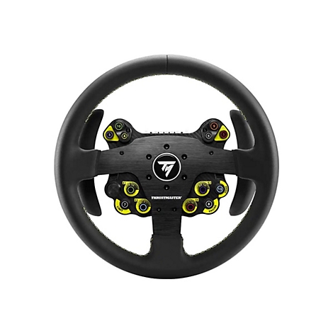 Schwarzes Thrustmaster-Rennlenkrad mit Tasten, Schaltern und zentralem Logo auf weißem Hintergrund.