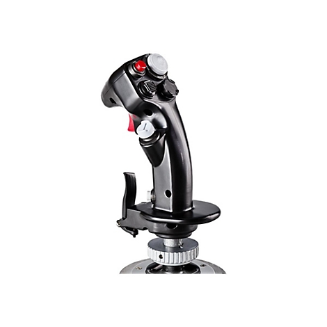 Schwarzer Gaming-Joystick mit rotem Abzug und verschiedenen Tasten, montiert auf einer Metallbasis.