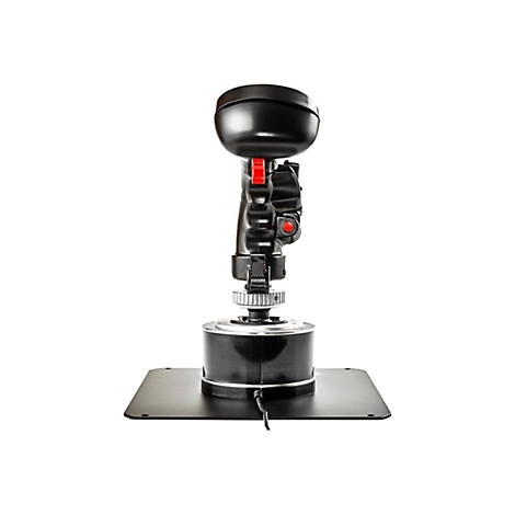 Schwarzer Gaming-Joystick auf flacher Basis vor weißem Hintergrund.