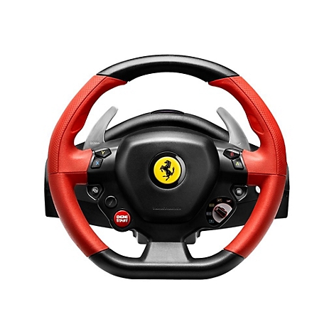 Ferrari-Gaming-Lenkrad mit roten und schwarzen Griffen und mittigem Ferrari-Logo.