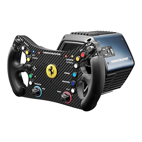Thrustmaster Ferrari Rennlenkrad mit Carbon-Optik, vielen bunten Tasten und Drehreglern vor schwarzer Basis.