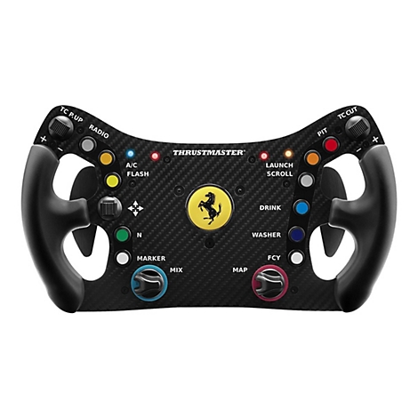 Thrustmaster Ferrari Rennlenkrad in Carbon-Optik mit zahlreichen bunten Tasten, Drehreglern und zentralem Ferrari-Logo.