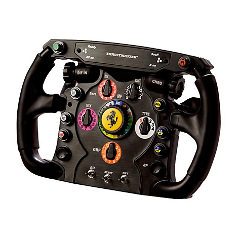 Schwarzes Thrustmaster Ferrari Formel-1-Lenkrad mit zahlreichen bunten Drehknöpfen und Schaltern.