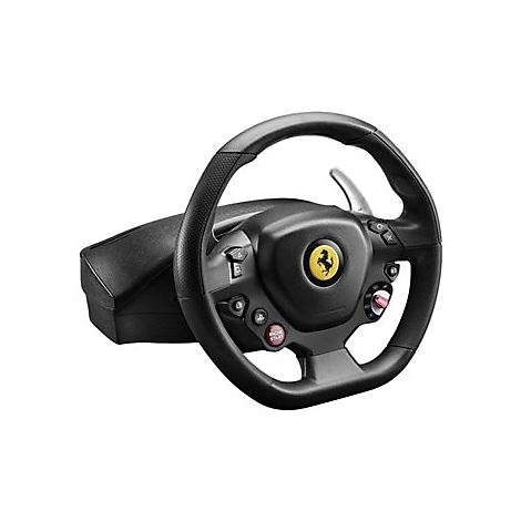 Schwarzes Lenkrad mit Ferrari-Logo, KnÃ¶pfen und Schaltwippen. Auf dem roten Knopf steht Start.