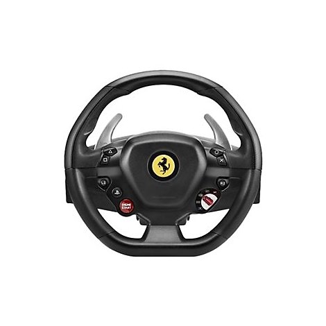 Schwarzes Lenkrad mit silbernen Schaltwippen, Ferrari-Logo, rote Starttaste.