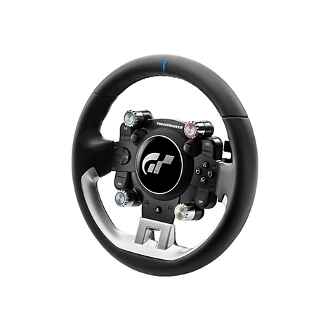 Schwarzes Thrustmaster Gran Turismo Rennlenkrad mit Tasten und silbernen Details auf weißem Hintergrund.