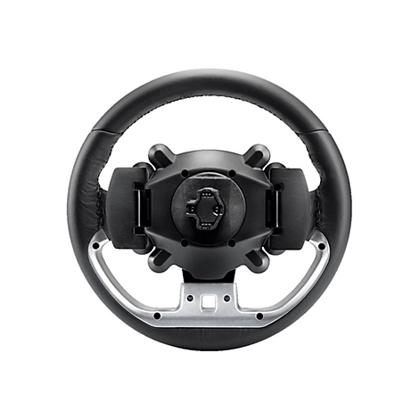 Rückseite eines schwarzen Leder-Lenkrads für Sim-Racing mit mittigem Anschlussmodul.