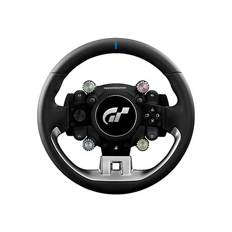 Schwarzes Thrustmaster Gran Turismo Lenkrad vor weißem Hintergrund mit vier farbigen Drehreglern und zentralem GT-Logo.