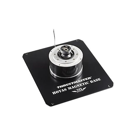 Schwarze, quadratische Thrustmaster HOTAS Magnet-Basis auf weißem Hintergrund mit Firmenlogo.