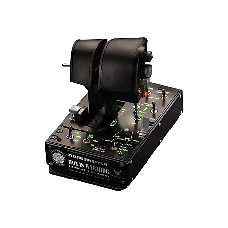 Schwarzer Thrustmaster HOTAS Warthog Schubregler für Flugsimulationen vor weißem Hintergrund.