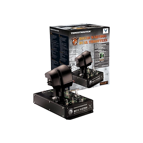 Thrustmaster HOTAS Warthog Dual Throttles mit schwarzer Basis und Metallschaltern vor der Produktverpackung.