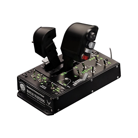 Schwarzer Thrustmaster HOTAS Warthog Schubregler mit zahlreichen Knöpfen und Schaltern auf weißem Hintergrund.