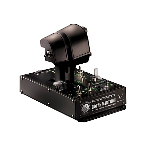 Thrustmaster HOTAS Warthog Schubregler als Replika für Flugsimulatoren auf schwarzem Hintergrund.