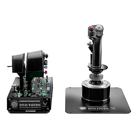 Thrustmaster HOTAS Warthog Joystick und Schubregler Set vor weißem Hintergrund.