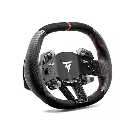 Schwarzes Sim-Racing-Lenkrad mit perforiertem Leder, roter Naht und silbernen Drehreglern vor weißem Hintergrund.