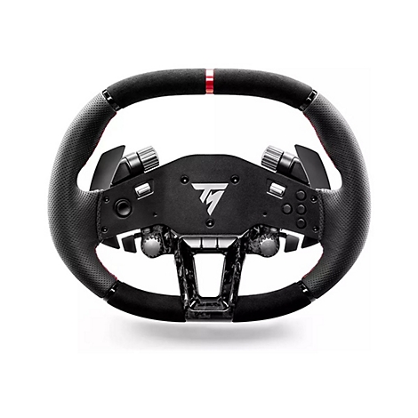 Schwarzes Thrustmaster Rennlenkrad mit Alcantara-Bezug, roter Mittenmarkierung und T-Logo vor weißem Hintergrund.