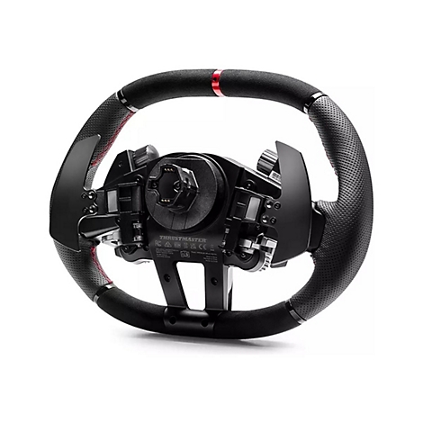 Rückseite eines schwarzen Thrustmaster-Rennlenkrads mit roter Naht, Schaltwippen und mittigem Anschluss.