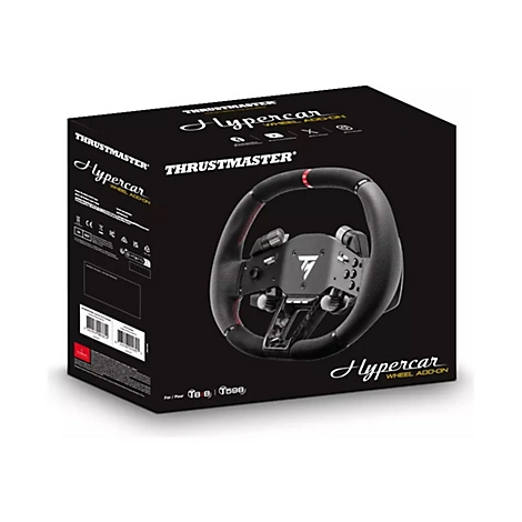 Verpackung des schwarzen Thrustmaster Hypercar Wheel Add-On Lenkrads für Rennspiele.
