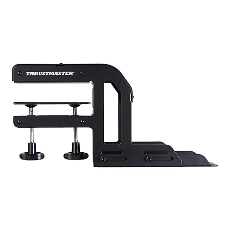 Schwarze Thrustmaster Tischhalterung aus Metall mit zwei Schraubklemmen vor weißem Hintergrund.