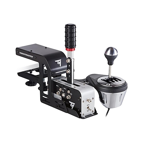 Thrustmaster TH8A Gaming-Schalthebel mit sequenziellem und H-Schaltschema auf einer Halterung vor weißem Hintergrund.